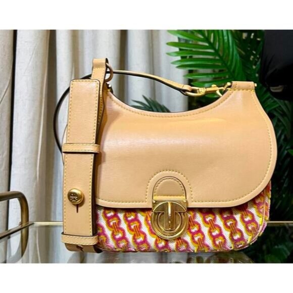 AUTHENTIC TORY BURCH TAN AND PINK AND ORANGE JAMES HANDBAG - Picture 1 of 12